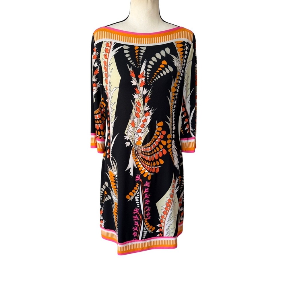 Ali Ro Boatneck Shift Dress Y2K Anthropologie 3/4 Sleeve Colorful Abstract Mod 8